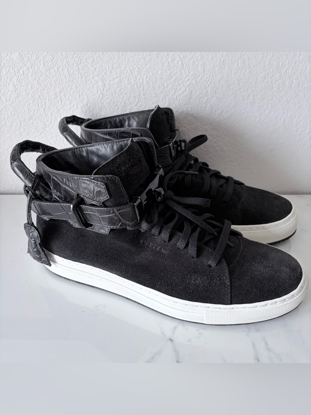 BUSCEMI 100MM crocodile embossed Black Suede High Top Sneakers mens 7